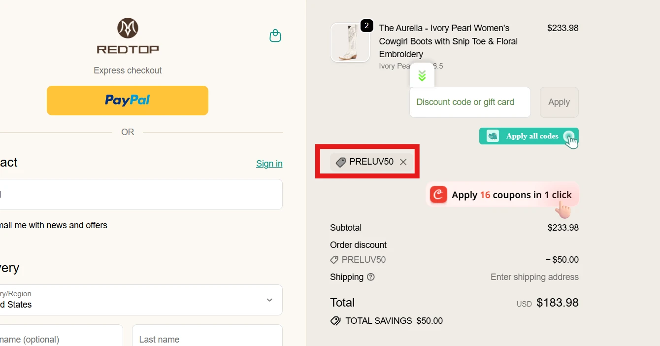 Use Discount Code PRELUV50 for $20 OFF orders over $100 at Redtop